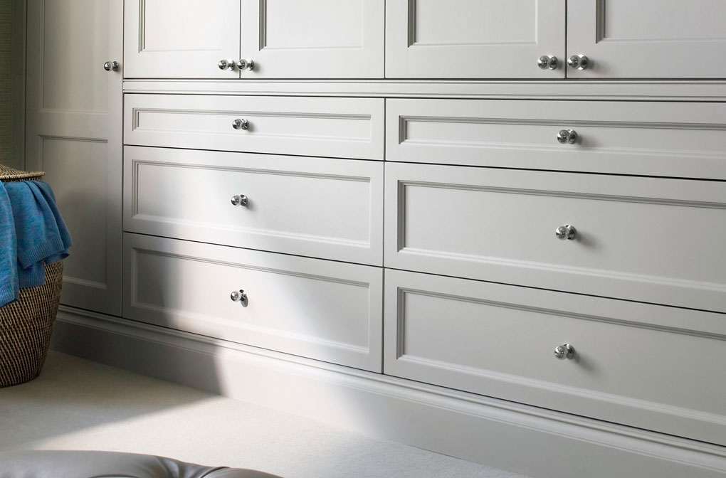 Bespoke panelled wardrobe doors and drawers, white