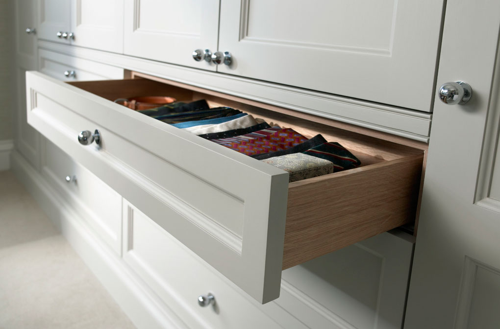 Detail showing drawer of fitted luxury wardrobe